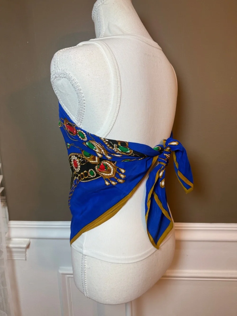 Vintage Style Blue Satin Scarf Top Jewel‎ Chain Print Festival Boho 34x34
